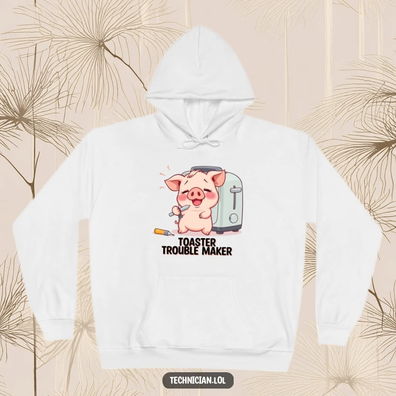 Funny hoodie with a giggling piglet and a screwdriver attempting toaster repair, offering warmth and humorous charm.