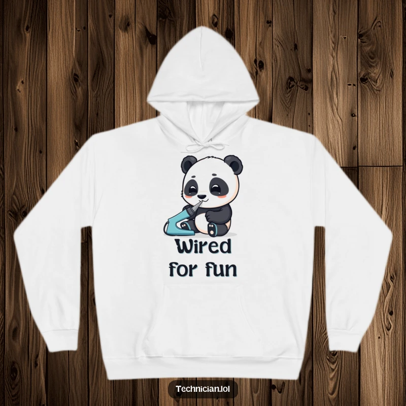 Funny hoodie depicting an enthusiastic panda diligently using a soldering iron with intense concentration, perfect for a maker's retreat.