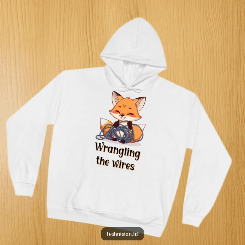Funny determined fox grinning while fixing tangled wires, cozy in a hoodie, ideal for a funny gift.
