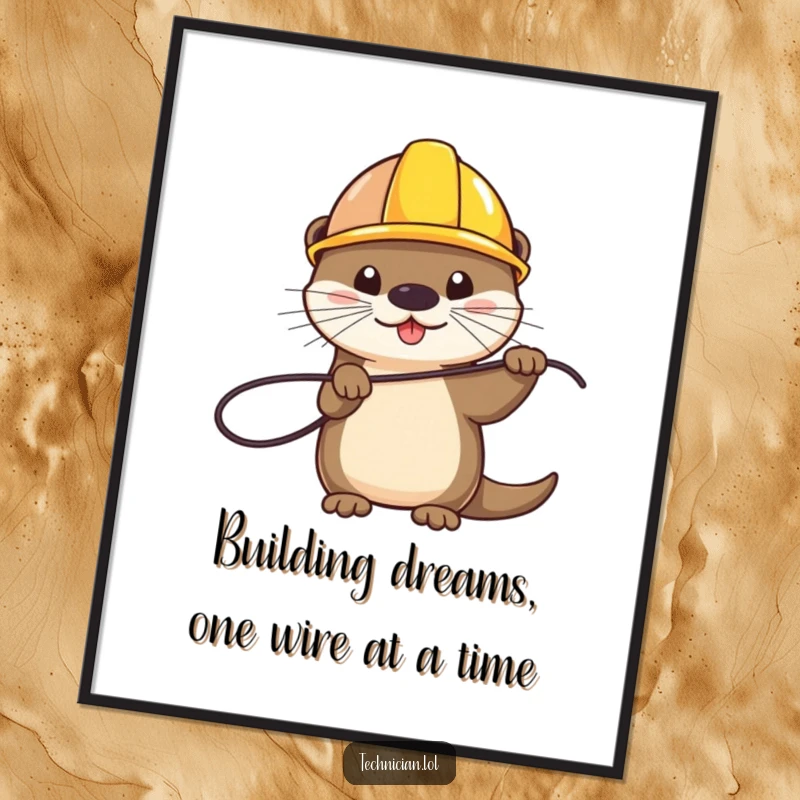 Funny Free Printable Wall Art: A cute otter wearing a hard hat holds a wire, showcasing industrious charm.