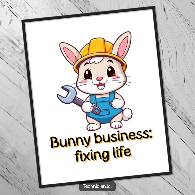 Funny free printable wall art: A happy bunny wearing a hard hat and holding a wrench, looking industrious.