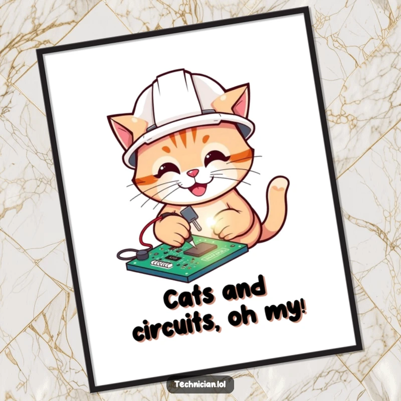 Funny Free Printable Wall Art: A cheerful cat wearing a hard hat, focused on soldering a glowing circuit board.