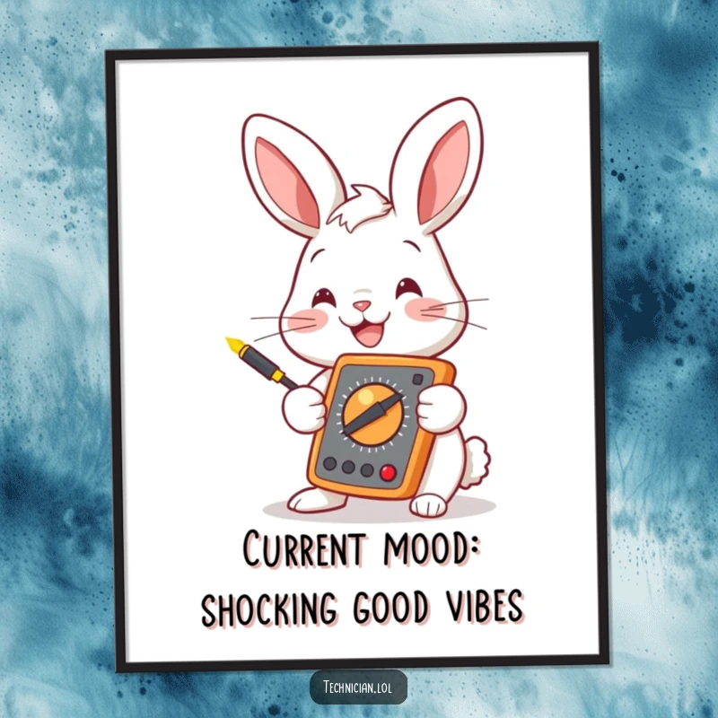 Funny Free Printable Bunny Electrician Wall Art: Smiling bunny holding a multimeter with glowing probes, electric humor.