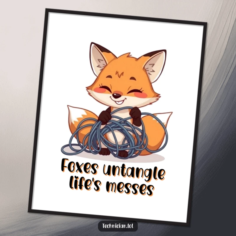 Funny free printable wall art: A determined and grinning fox expertly fixing a large, tangled wire.