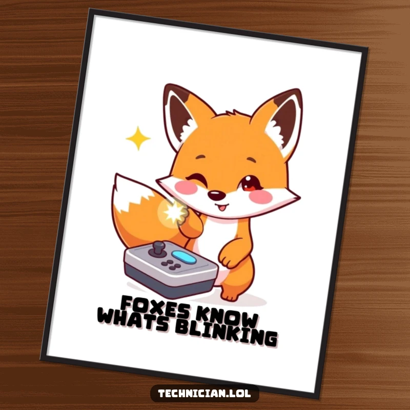 Funny Free Printable Wall Art: Playful fox excitedly pointing at a flashing light on a console, witty DIY art.