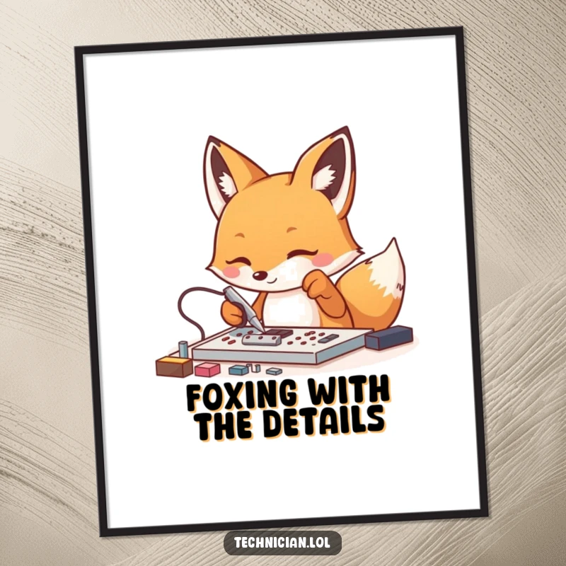 Funny Free Printable Wall Art: Energetic fox expertly uses tweezers on tiny components, perfect for DIY decor.