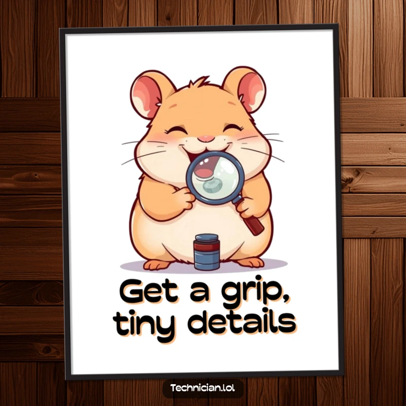 Funny Free Printable Wall Art: A giggling hamster holds a magnifying glass over a small component, showcasing intense curiosity and focus.