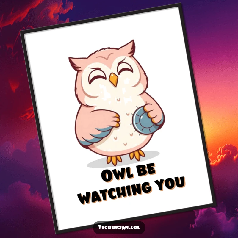 Funny Free Printable Wall Art: A content owl expertly adjusts a control panel dial with a calm smile, embodying wise direction.