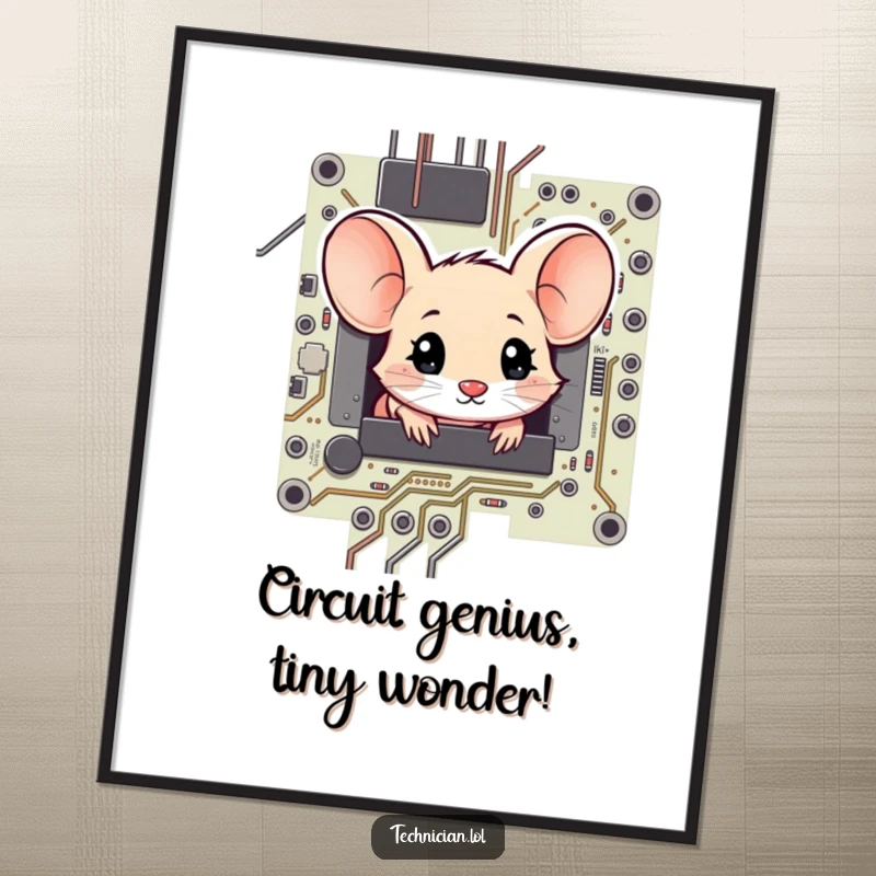 Funny Free Printable Wall Art: A shy mouse peeking from a complex circuit board, eyes wide with technological wonder and amazement.