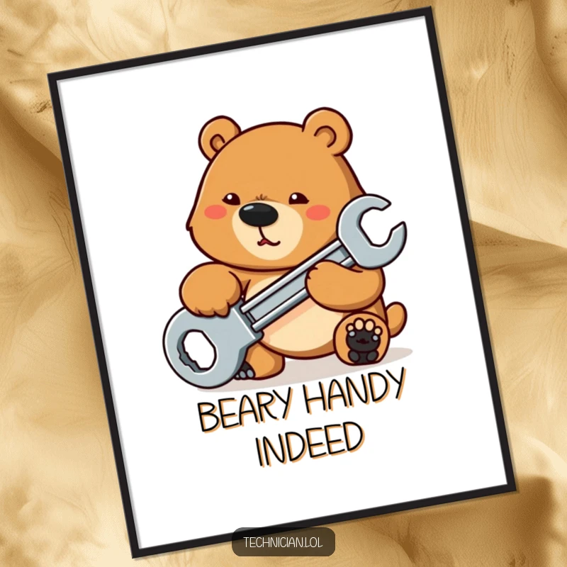 Funny Free Printable Wall Art: A strong, determined bear uses a large wrench to tighten a bolt, a powerful decorative piece.