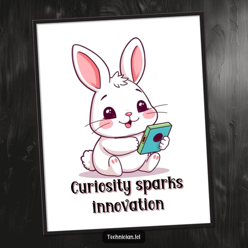 Funny Free Printable Wall Art: A cheerful rabbit with a curious expression tests a vibrant, colorful gadget.