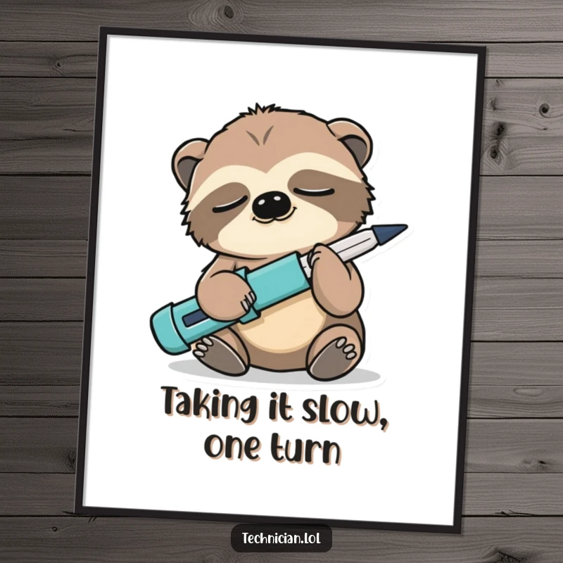Funny Free Printable Wall Art: A sleepy sloth holding a screwdriver backwards, perfect for DIY decor and humor.