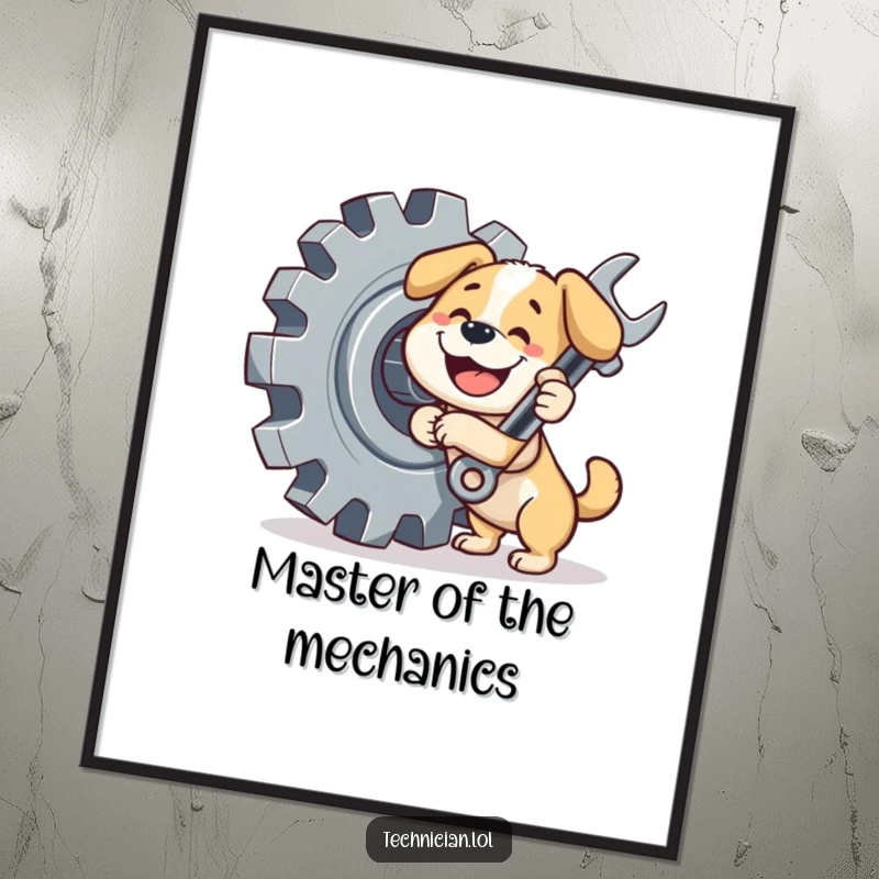 Funny free printable wall art of a dog using a wrench on a giant gear, perfect garage decor download.