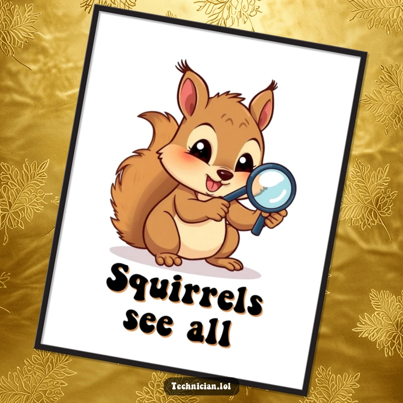 Funny Free Printable Wall Art: A gleeful squirrel uses a magnifying glass to intently study electronic circuits, a quirky decor piece.