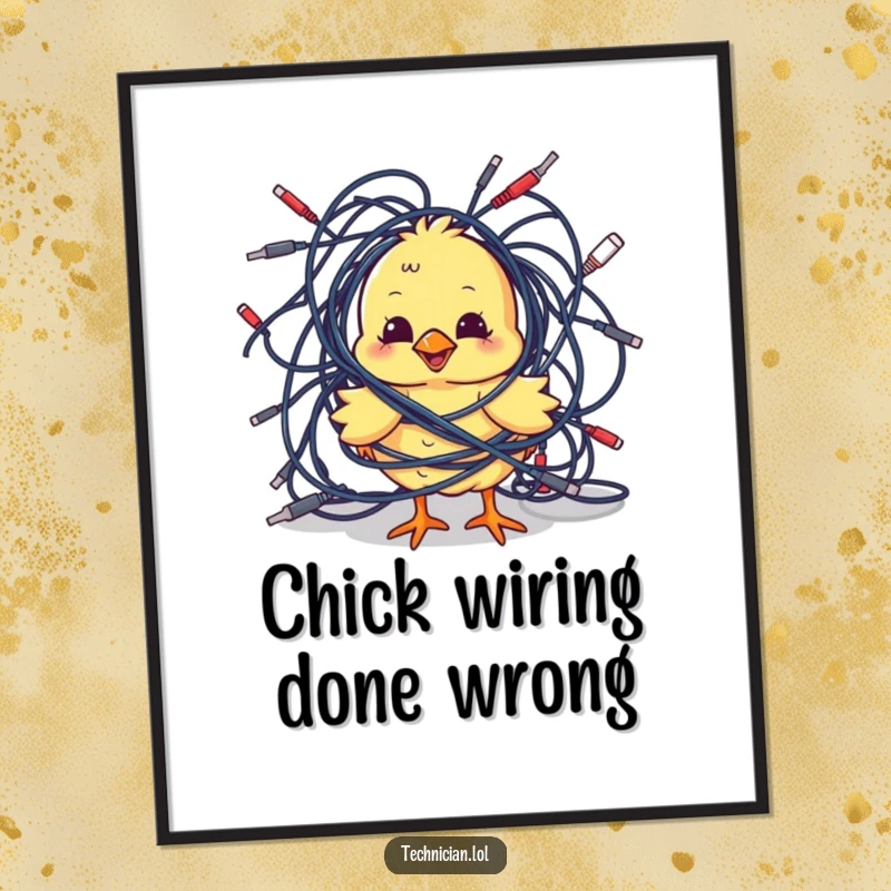 Funny Free Printable Wall Art: A cute, playful chick is comically stuck in a large, messy tangle of electronic cables.