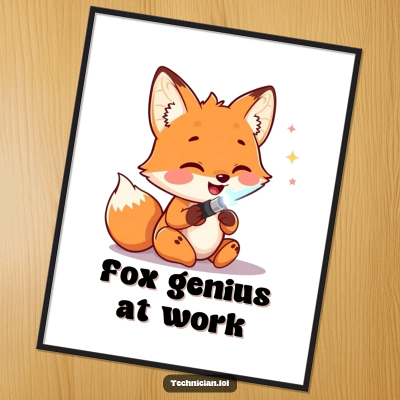 Funny Free Printable Wall Art: A happy fox intently soldering wires with a bright glowing tool, a tech-savvy artwork.