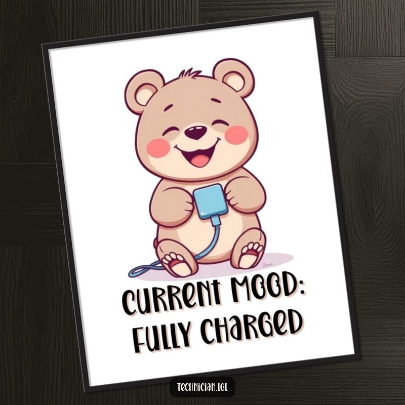 Funny Free Printable wall art of a giggling bear plugging in a cable with a satisfied grin, perfect tech humor.
