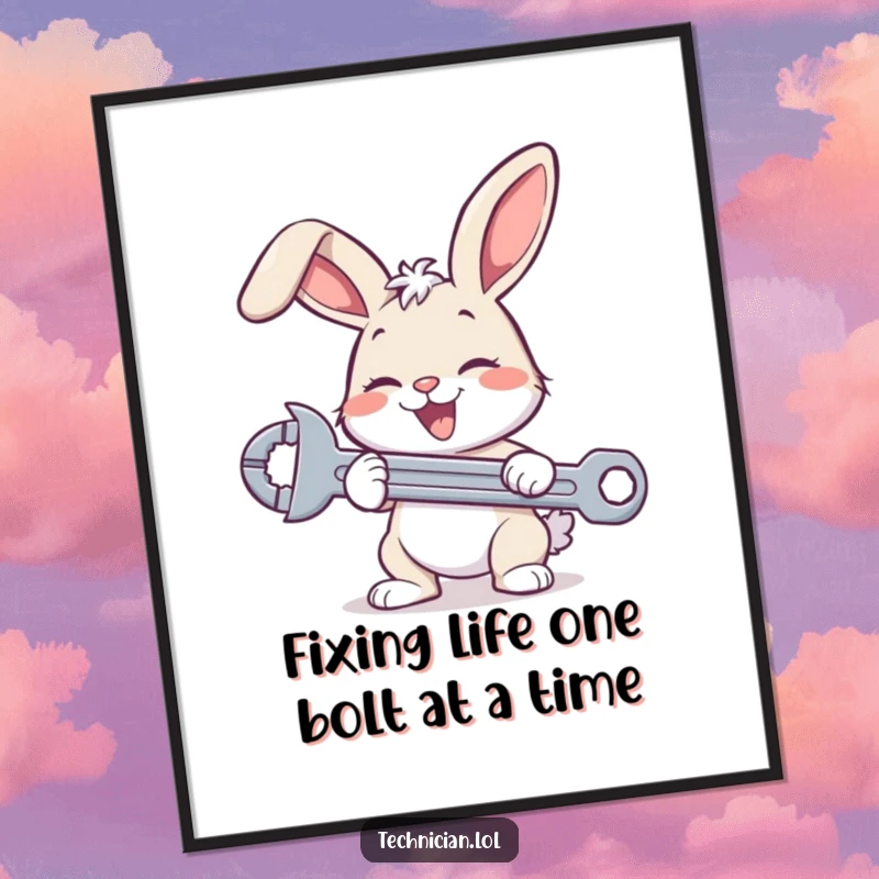 Funny Free Printable Wall Art: A cheerful bunny mascot intently tightening a bolt with a wrench, perfect for a workshop.