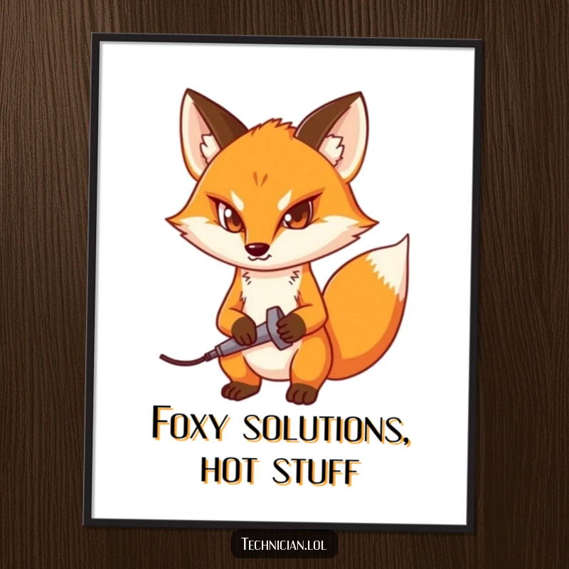 Funny Free Printable Wall Art of a determined fox with a soldering iron, ready to build or fix anything, a quirky piece.