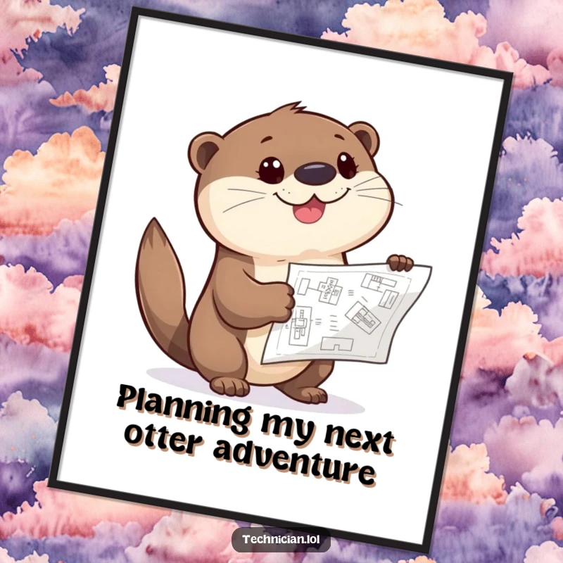 Funny Free Printable Wall Art: Giggling otter curiously points at a blueprint, envisioning humorous designs.