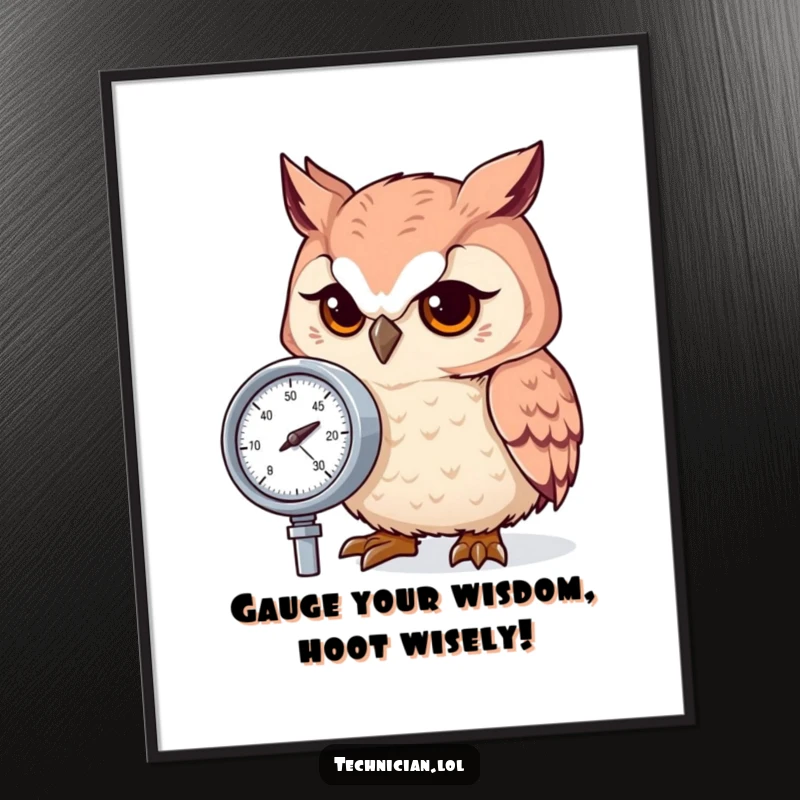 Funny Free Printable Wall Art: A focused owl intently examining a pressure gauge, bringing a touch of wise humor to any room.