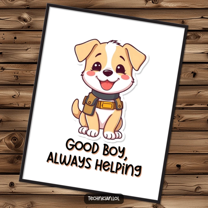 Funny Free Printable Wall Art: A joyful puppy wearing a tool belt looks ready to help decorate your room.