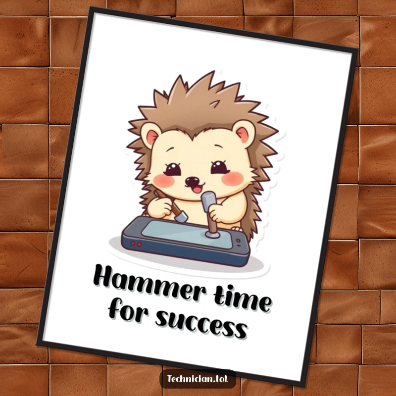 Funny Free Printable Wall Art: A determined hedgehog uses a tiny hammer to fix a digital device, exuding funny effort.