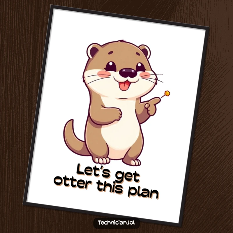 Funny Free Printable Wall Art: Cheerful otter pointing enthusiastically at a complex schematic, a smart piece.