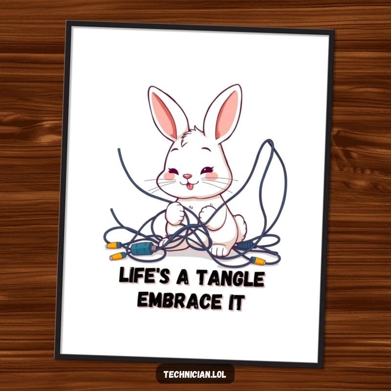 Free Printable Wall Art: Smiling bunny intently examining a huge, tangled mess of colorful wires, creating humorous and quirky decor.