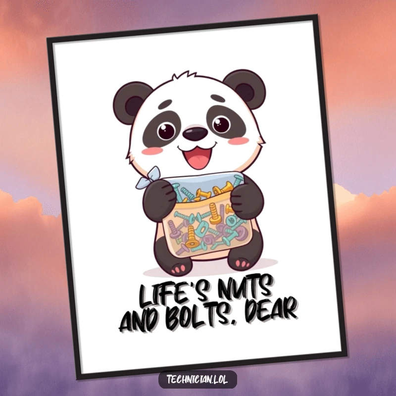 Funny free printable wall art: a silly panda proudly displays a bag filled with a variety of screws.