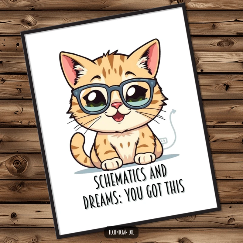 Funny Free Printable Wall Art: A happy cat wearing spectacles is engrossed in glowing computer schematics, a picture of intellect.