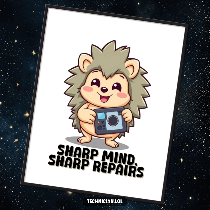 Funny Free Printable Wall Art: A hugely happy hedgehog proudly displays a successfully repaired gadget.