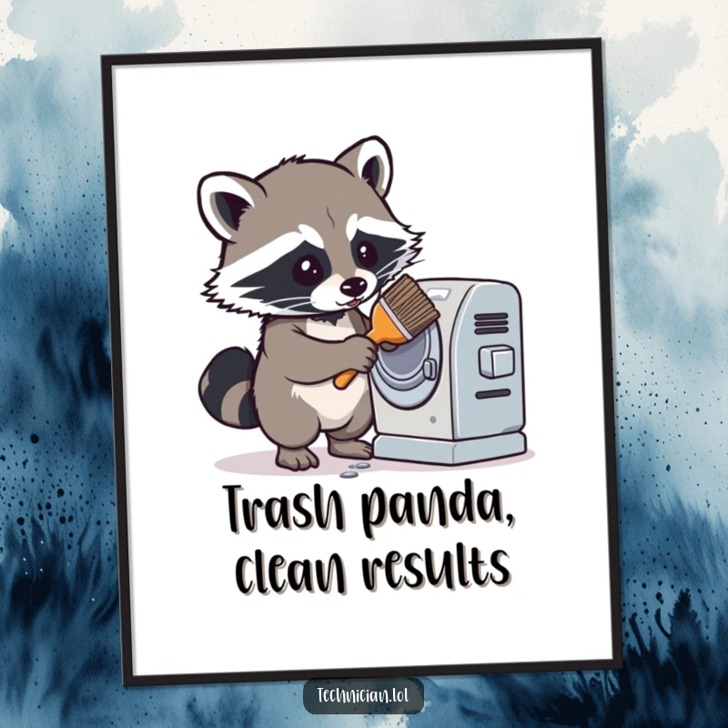Funny Free Printable Wall Art: A determined raccoon meticulously cleans a dusty machine, bringing order and humor.