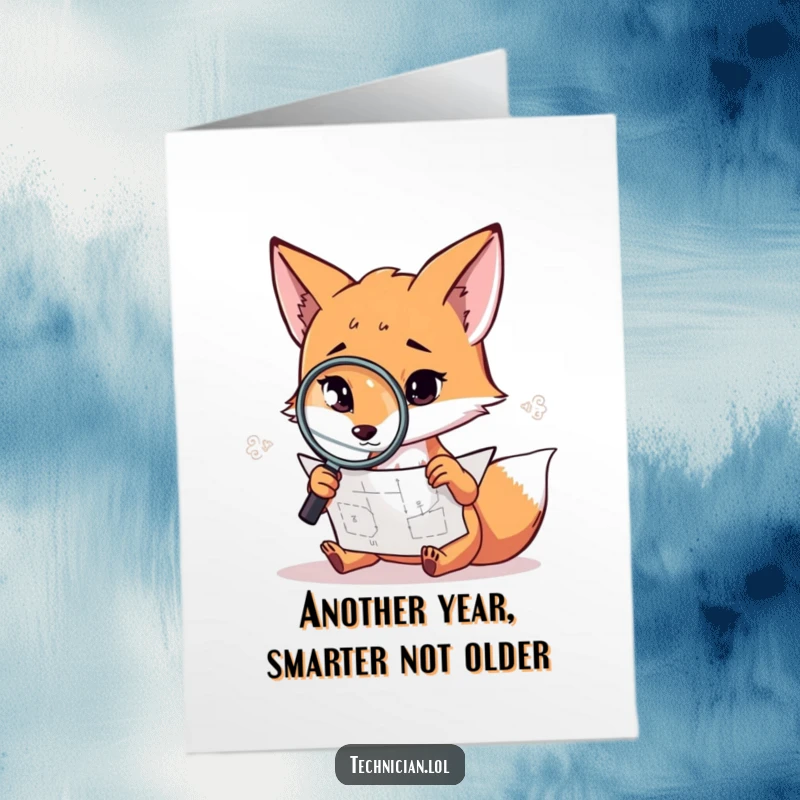 Funny free printable birthday card of a fox with a magnifying glass studying a diagram, ideal DIY gift.