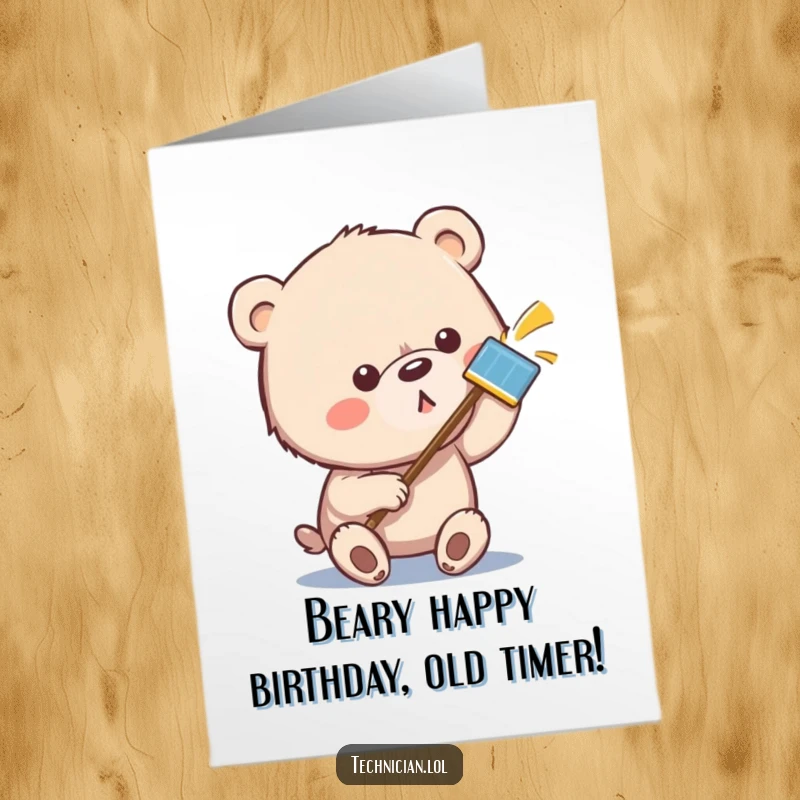 Funny Free Printable Birthday Card: A strong bear determinedly wipes a smudge off a shiny metallic surface with its paw.