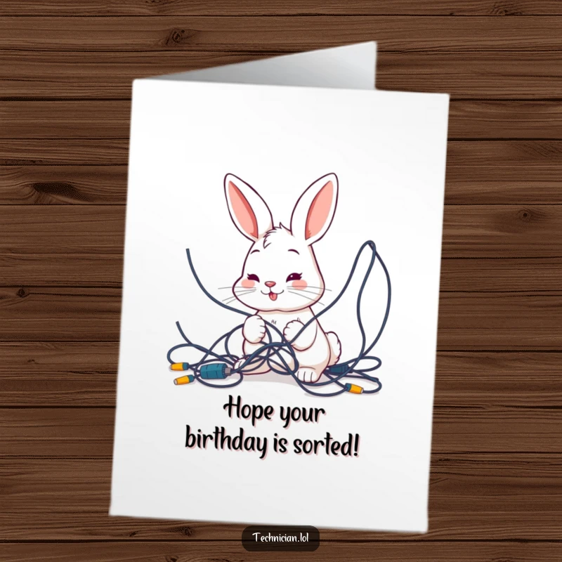 Free Printable Birthday Card: Smiling bunny intently examining a huge tangle of colorful wires, looking perplexed but cute.