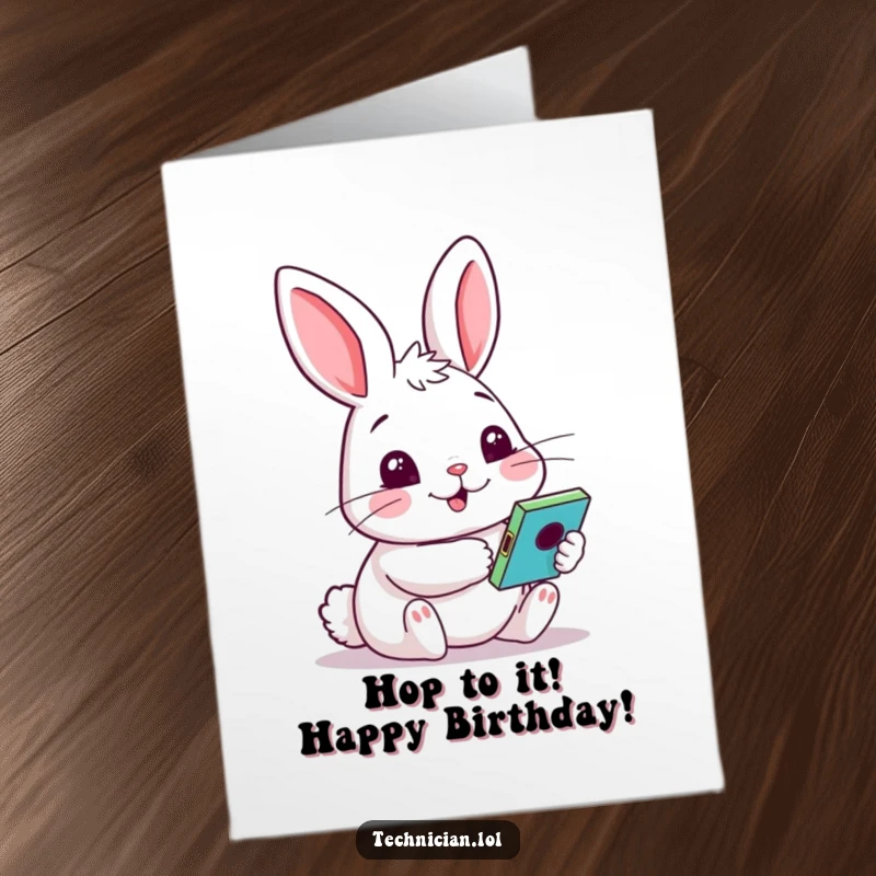 Funny Free Printable Birthday Card: A very curious rabbit with wide eyes tests a vibrant, colorful gadget.