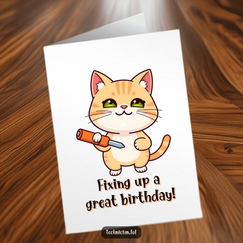 Funny Free Printable Birthday Card: A smiling cat with focused eyes holds a screwdriver, ready to tackle birthday wishes.