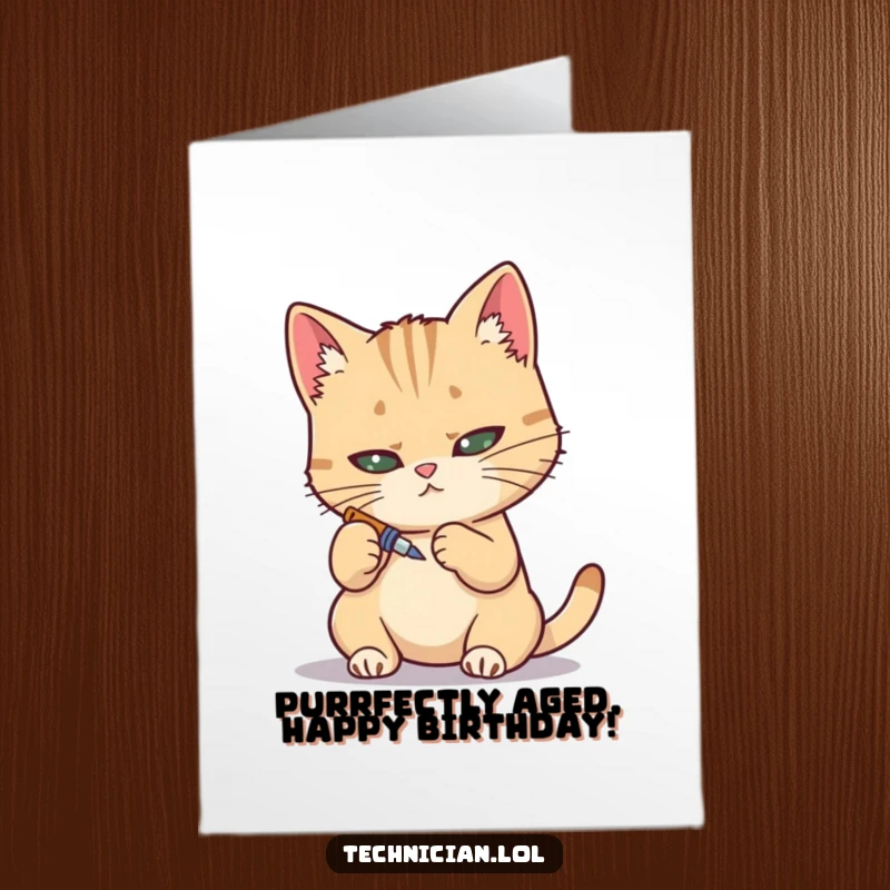 Funny Free Printable Birthday Card: A determined cat uses a tiny screwdriver with precision, celebrating a DIY birthday.