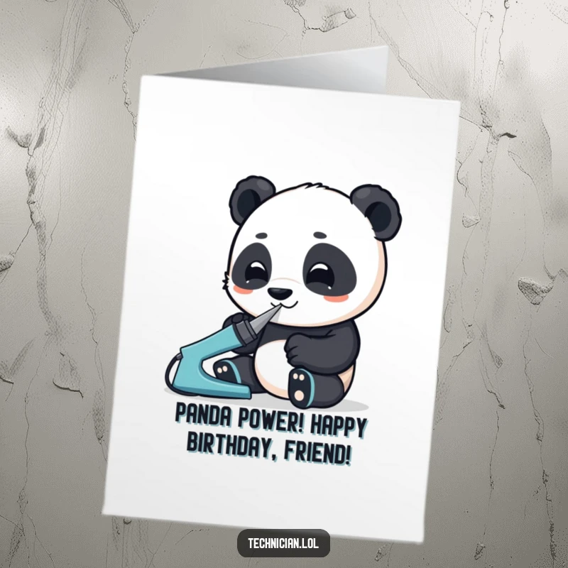 Funny Free Printable Birthday Card: An intensely focused panda uses a soldering iron, crafting something amazing.