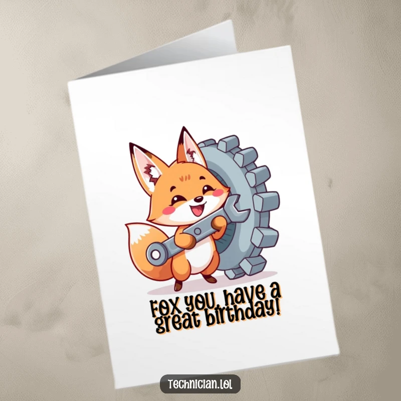 Funny Free Printable Birthday Card: A cute, excited fox holding a wrench, diligently tightening a giant bolt, celebrating a birthday.