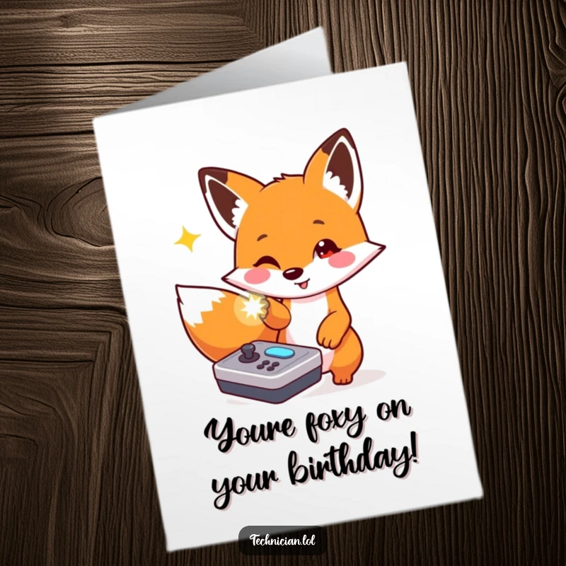 Funny Free Printable Birthday Card: Fox excitedly pointing at console light, playful birthday humor.