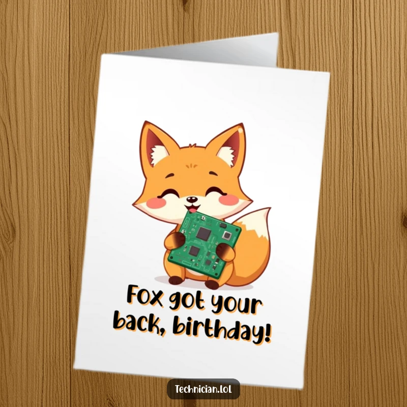 Funny Free Printable Birthday Card featuring a happy fox holding a repaired circuit board, celebrating tech success with a DIY greeting.