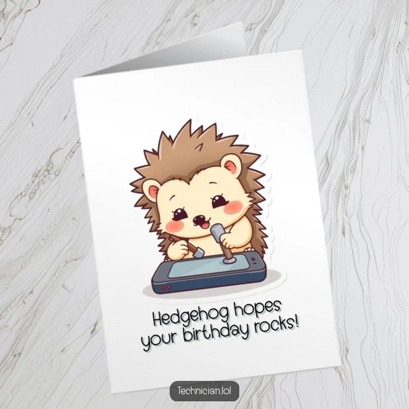 Funny Free Printable Birthday Card: A cute hedgehog taps a device with a tiny hammer, looking stressed with tech issues.