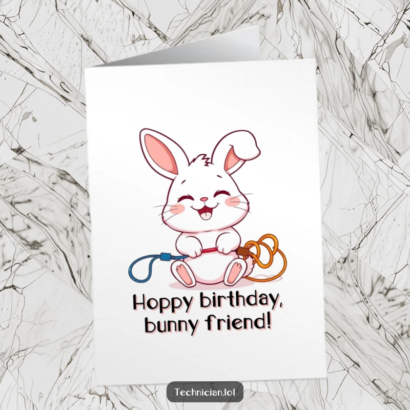 Funny Free Printable Birthday Card: Rabbit connecting wires with a smile, happy birthday humor.