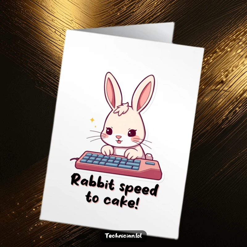 Funny Free Printable Birthday Card: A curious rabbit with a determined face rapidly taps on a computer keyboard with lightning speed.