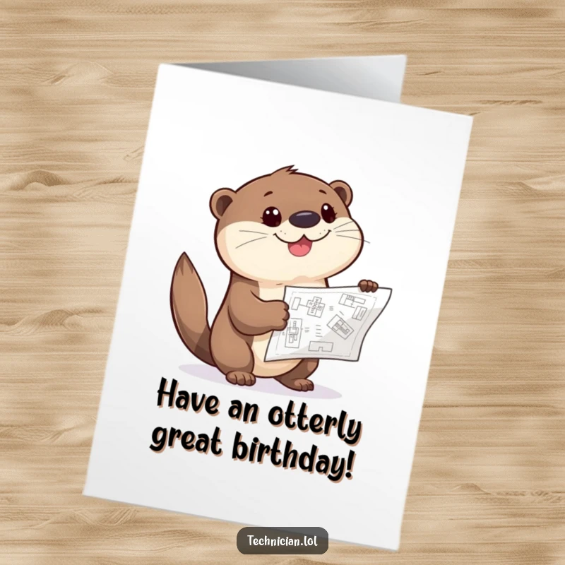 Funny Free Printable Birthday Card: Giggling otter curiously points at a blueprint, plotting birthday mischief.