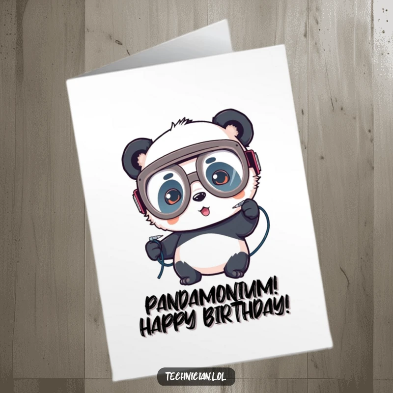 Funny Free Printable Birthday Card: A panda in goggles focuses intently on soldering wires, celebrating a DIY birthday.