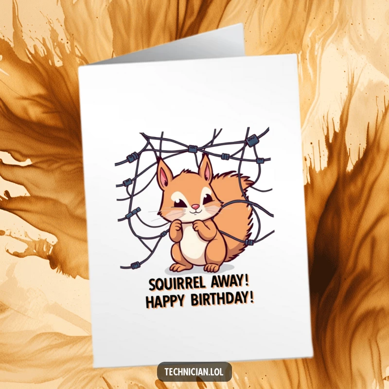 Funny Free Printable Birthday Card: A curious squirrel inspects a tangled mess of wires, celebrating a complex birthday.