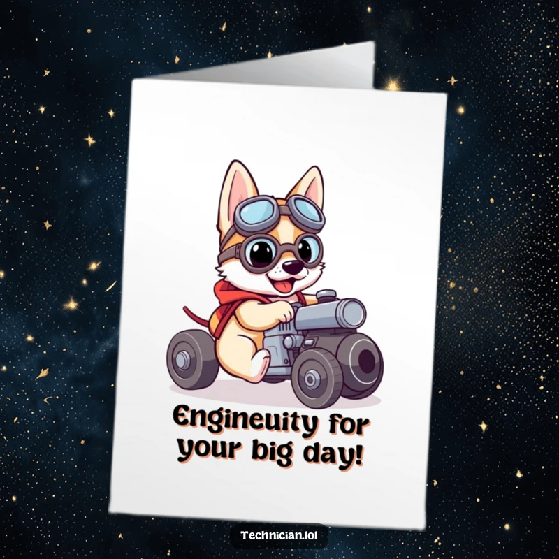 Funny free printable birthday card featuring a brave dog in goggles fixing a small engine, ready to party.